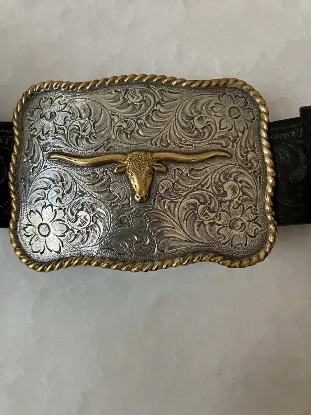 Western Tooled Leather Belt with Silver-Tone Longhorn Buckle - Black